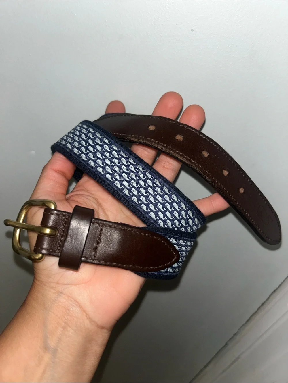 Vineyard Vines Navy & White Whale Woven Kids Belt with Brown Leather